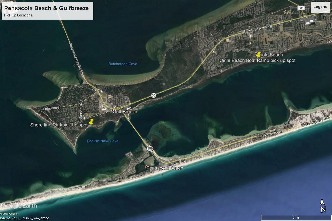 pensacola beach & Gulfbreeze pick up Locations